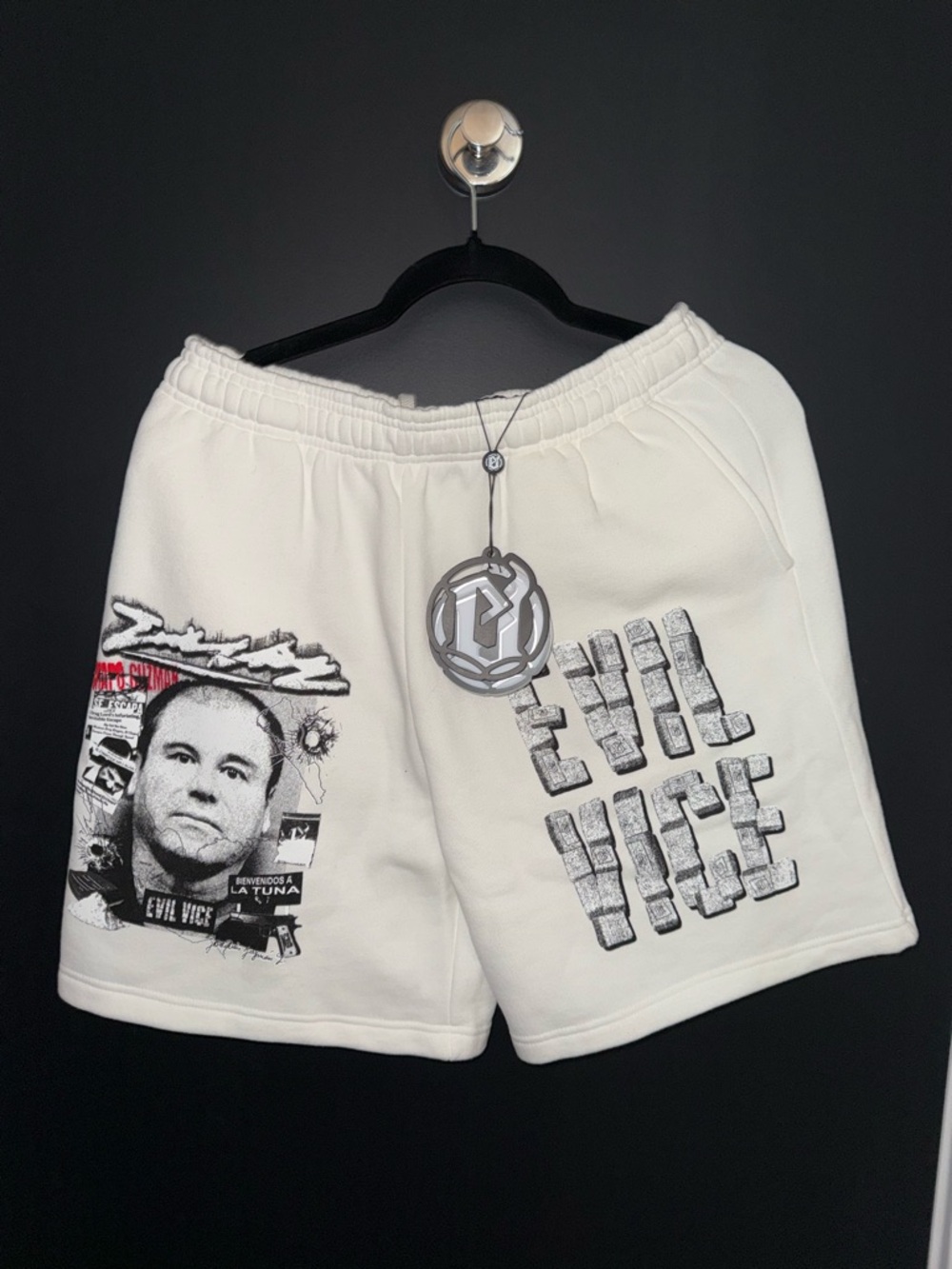Evil Vice Bricks “El Chapo” White Graphic Athletic Men’s Shorts